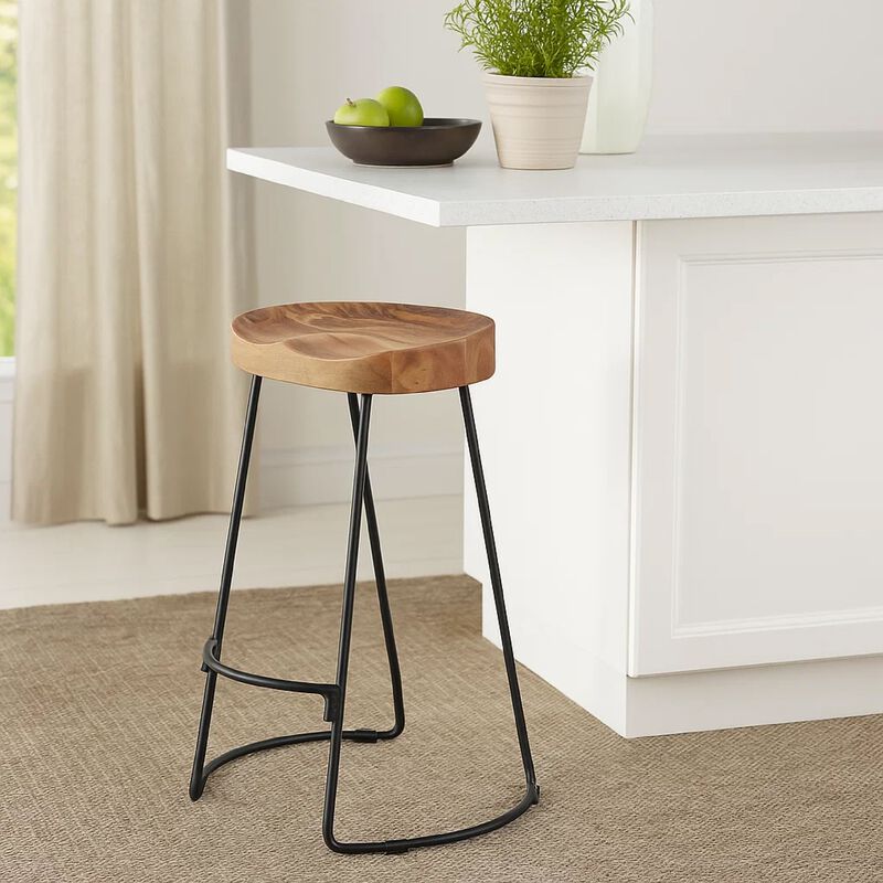Ela Mango Wood Bar Stool, Saddle Seat, Iron Frame image number 6