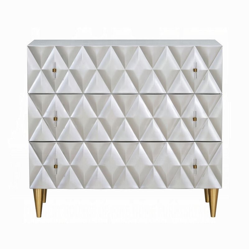 36 Inch Wide Nightstand Dresser, Drawers w Jewelry Tray, Silver, Gold - Benzara