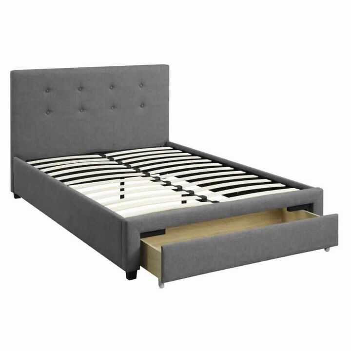 Upholstered Wooden Queen Bed With Button Tufted Headboard & Lower Storage Drawer Gray-Benzara