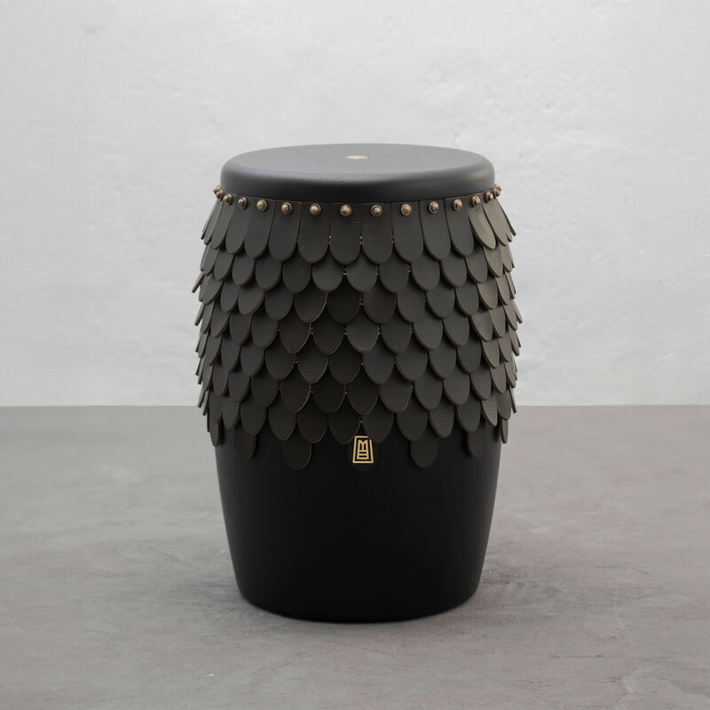 SITIERA_01 Solid Wood Stool, with Olivo Thick Leather Accents, and Aged Bronze by ANDEAN, In Stock