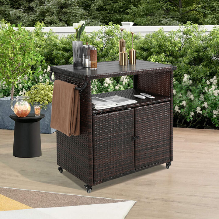 ELEMENT ACE Outdoor Wicker Bar Cart with Wheels and Glass Tabletop for Patio Serving and Entertainment