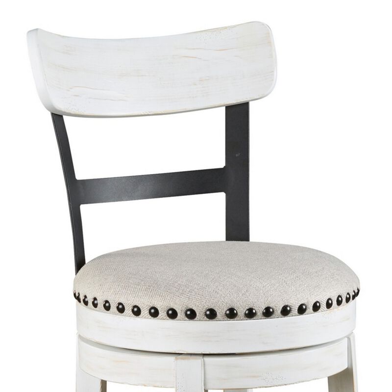 Zane 30 Inch Swivel Barstool, Round Cushioned Seat, Crisp White Wood Frame-Benzara