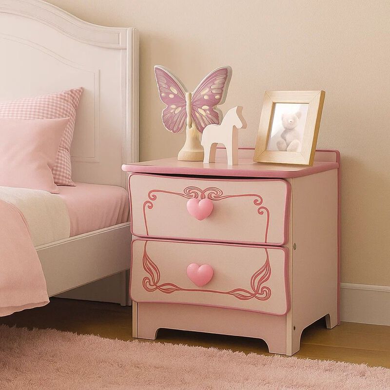 2 Drawer Wooden Nightstand with Heart Knob Pulls, Pink