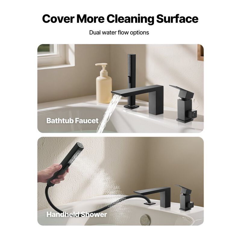 Waterfall Roman Tub Faucet Set with Handheld Shower, 3 Hole Bathtub Faucet-     Matte Black image number 3