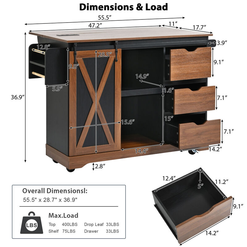 Merax Farmhouse Kitchen Island with Drop Leaf & Power Outlet - Rolling Storage Cart with Barn Door
