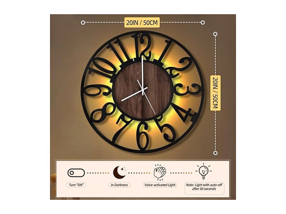 LED Rustic Wood Farmhouse Black Wall Clock 20 Inch Silent Non Ticking