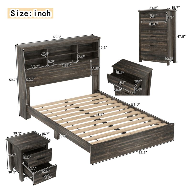 Bursir 4‑Piece Queen Bedroom Set Charging Station Storage Headboard image number 9