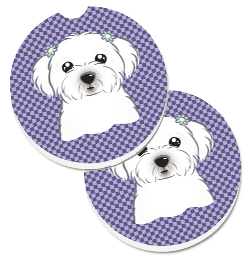 Caroline's Treasures Purple Checkered Maltese Set of 2 Cup Holder Car Coasters BB1134CARC, 2.56, Multicolor