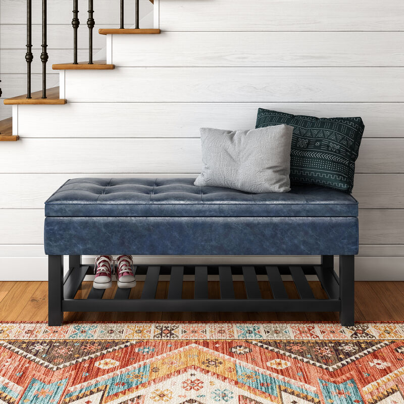 Cosmopolitan 44 inch Wide Transitional Rectangle Storage Ottoman Bench with Open Bottom in Denim Blue Faux Leather image number 1