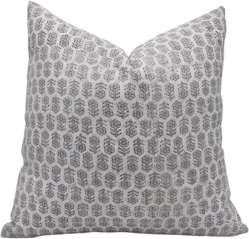 Fabdivine White Boho Farmhouse Throw Pillow Cover Handmade Linen Cushioncase with Floral Block Print for Sofa, Couch, or Bedroom, Tulsi Buti image number 0