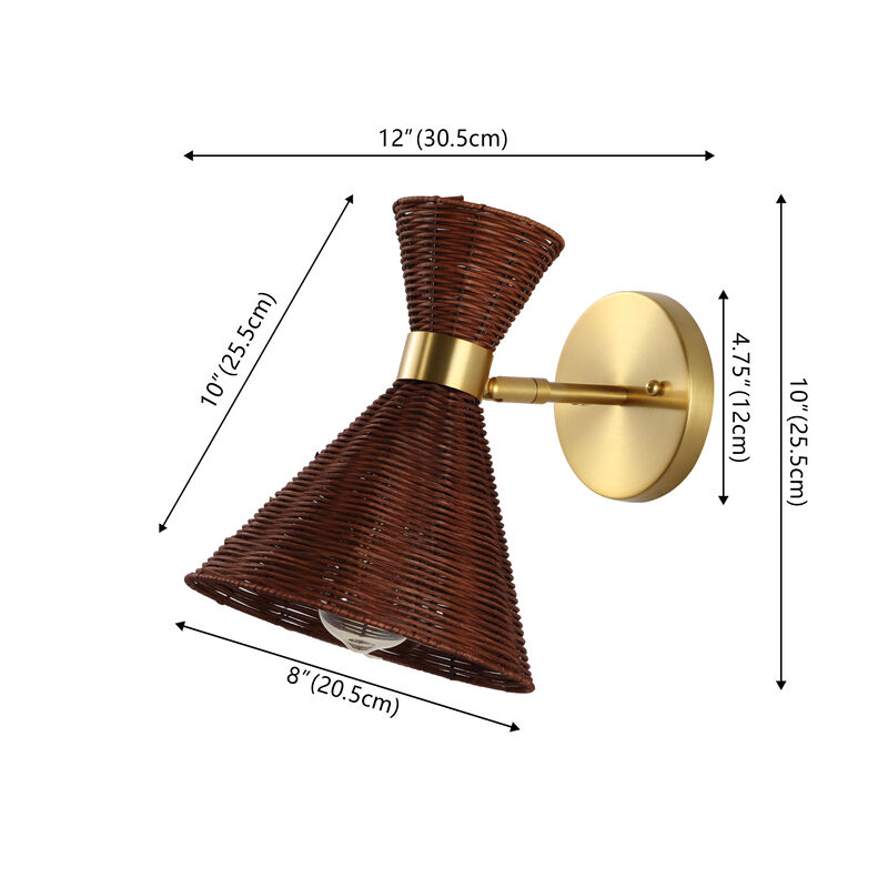 Zoey 10" 1-Light Mid-Century Vintage Retro Rattan/Metal LED Sconce with Adjustable Shade, Dark Brown/Brass Gold