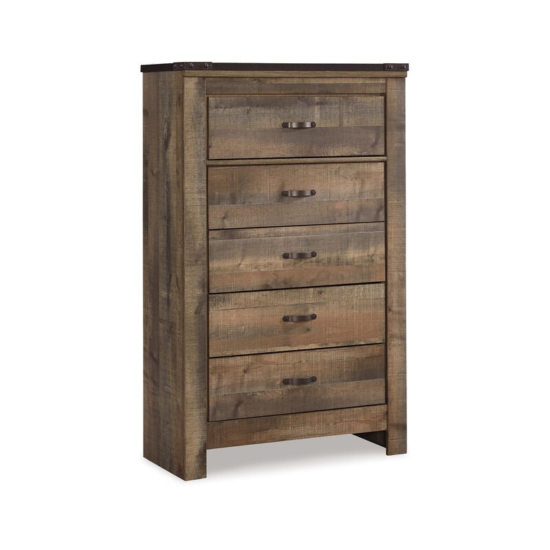 Zoey Tall Dresser Chest, 5 Storage Drawers, Rustic Brown Plank Details - Benzara
