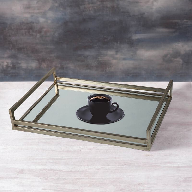 Rectangular Metal Frame Tray with Mirrored Top, Silver-Benzara