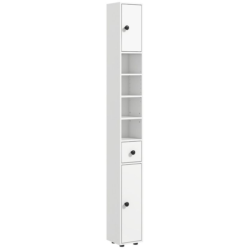 71" White Bathroom Storage: Narrow, Open Shelves, 2-Door Cabinets