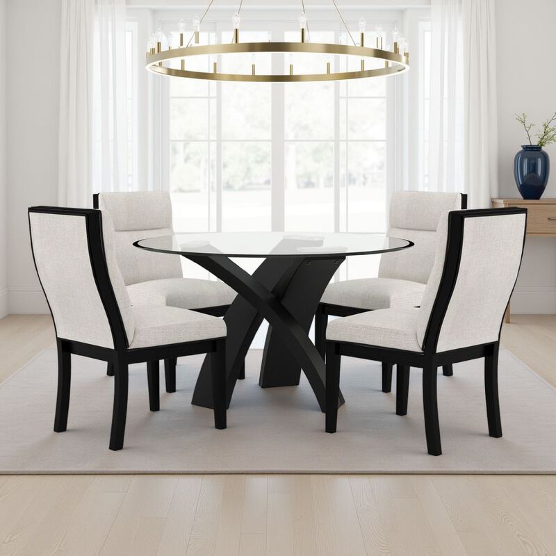 Moi 5pc Dining Table and Chair Set, 52 Inch Round Glass, White Black - Benzara