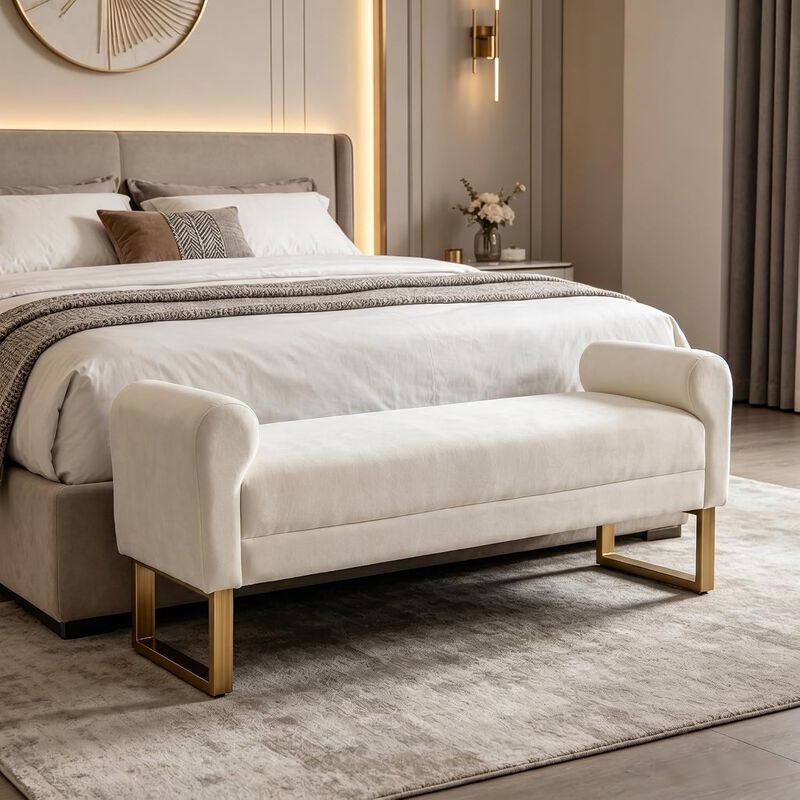 Envelor 65 in. Chenille Upholstered Ottoman Bench with Arms and Gold Legs image number 3
