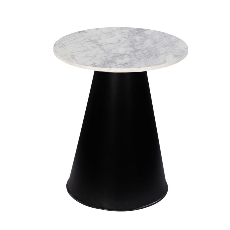 Riko Side End Table, White Natural Marble 18 Inch Round Top, Modern Black Pedestal Base