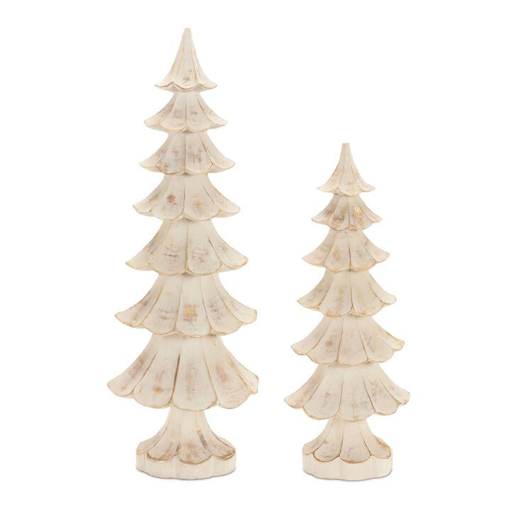 Set of 2 Distressed Wood Pine Trees for Neutral Holiday or Winter Styling
