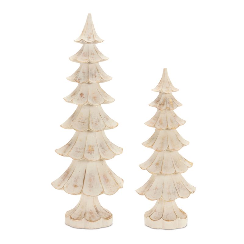 Set of 2 Distressed Wood Pine Trees for Neutral Holiday or Winter Styling