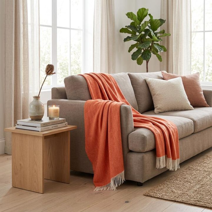 HomeRoots 50" X 60" Orange And White Woven Herringbone Plush Throw Blanket