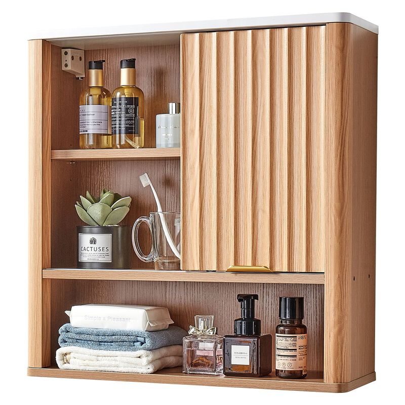 Wall Mounted Medicine Cabinet with Door, Adjustable Shelf and Open Compartments-Brown image number 3