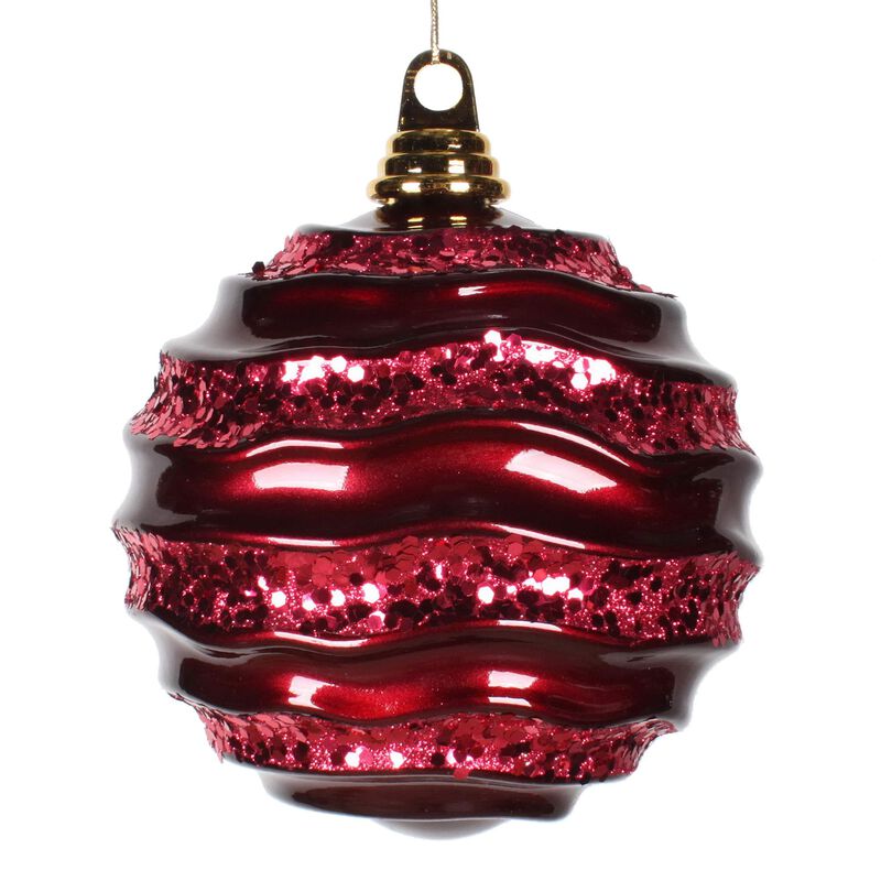 Vickerman 8" Christmas Ornament Wave Ball, Burgundy Stripe Candy Finish with Glitter Accents, Shatterproof Plastic, Holiday Christmas Tree Decoration image number 0