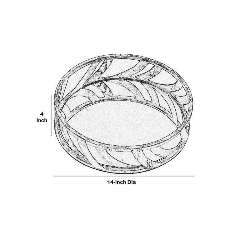 Round Metal Tray with Geometric Mirror Panel Inserts, Silver-Benzara