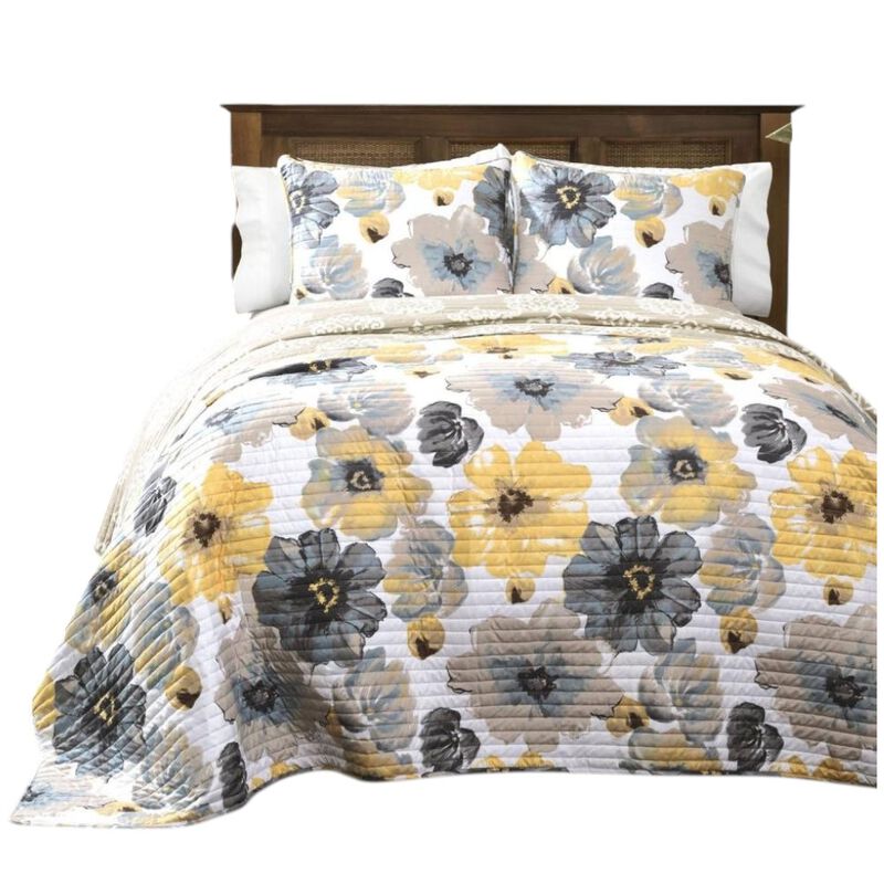 Hivvago White Yellow Grey Flowers Lightweight Polyester Microfiber Quilt Set