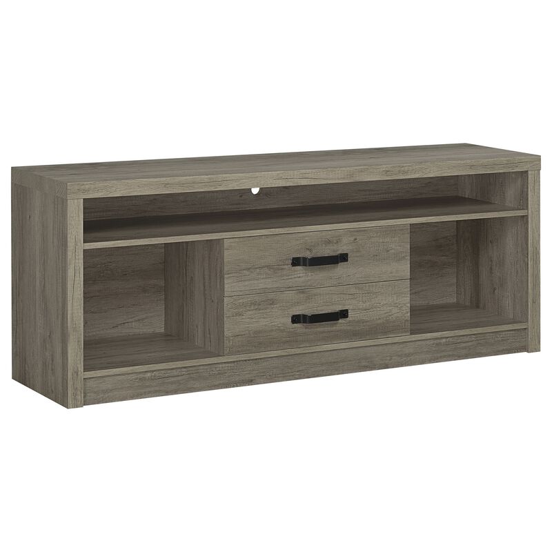 TV Entertainment Console with 2 Media Tower, 8 Compartments, Driftwood Gray - Benzara