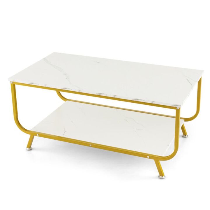 Hivvago 2-Tier Faux Marble Top Rectangular Coffee Table with Metal Frame-White