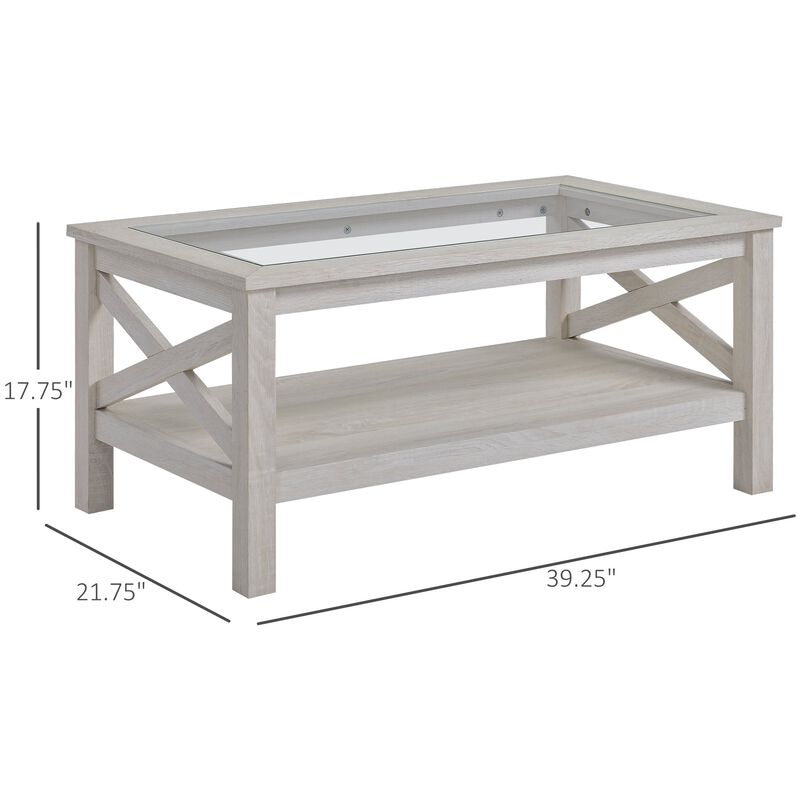 White Oak Living Room Table: Farmhouse Coffee Table with Glass Top