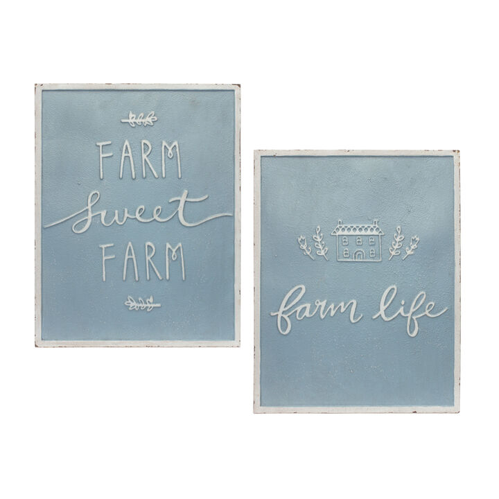 HomeRoots Set of Two Blue And White Farm Sweet Farm Metal Wall Decor