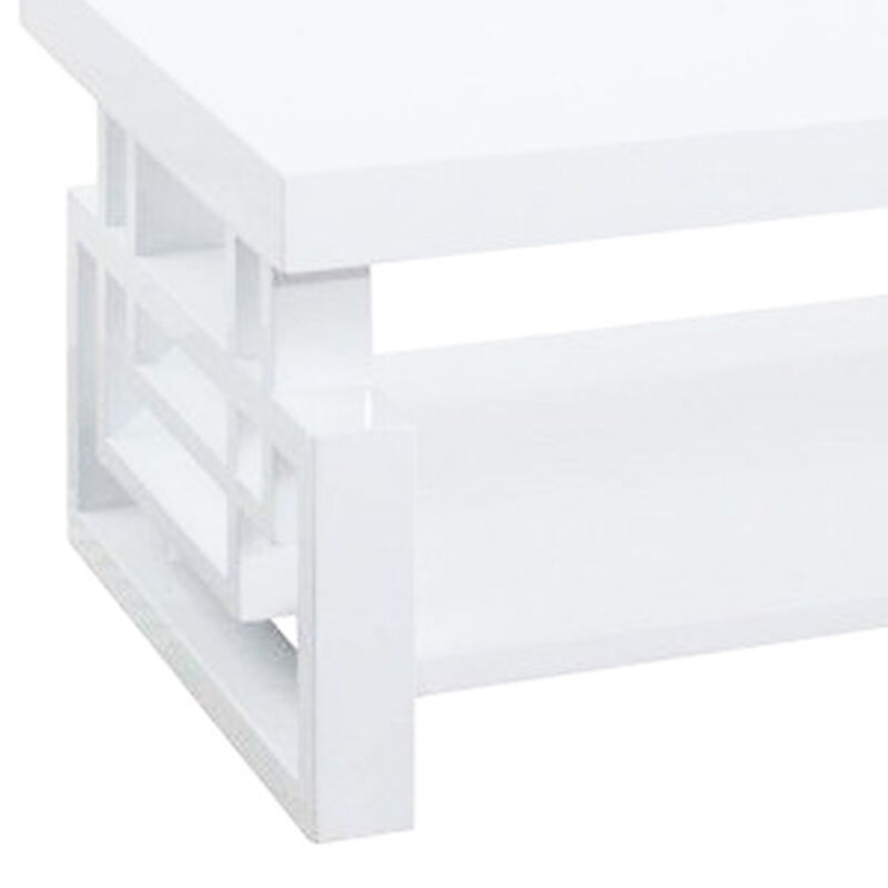 Contemporary Wooden Coffee End Table With Designer Sides & Shelf, Glossy White-Benzara