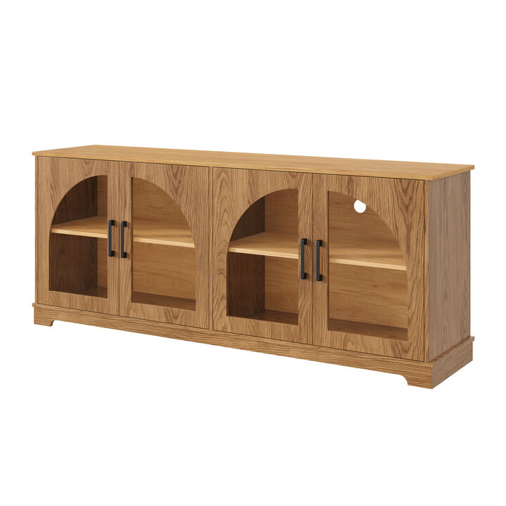 Merax Modern TV Cabinet with Glass-Front Storage, Adjustable Shelving, Built-In Cable Holes