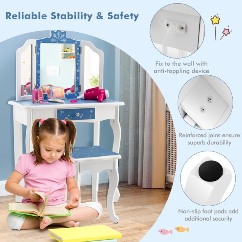 Hivvago Princess Vanity Table and Chair Set with Tri-Folding Mirror and Snowflake Print