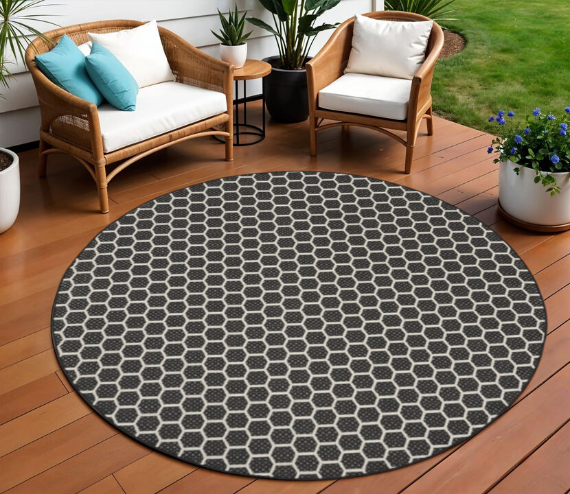 HomeRoots 8' Black And Ivory Geometric Indoor Outdoor Area Rug