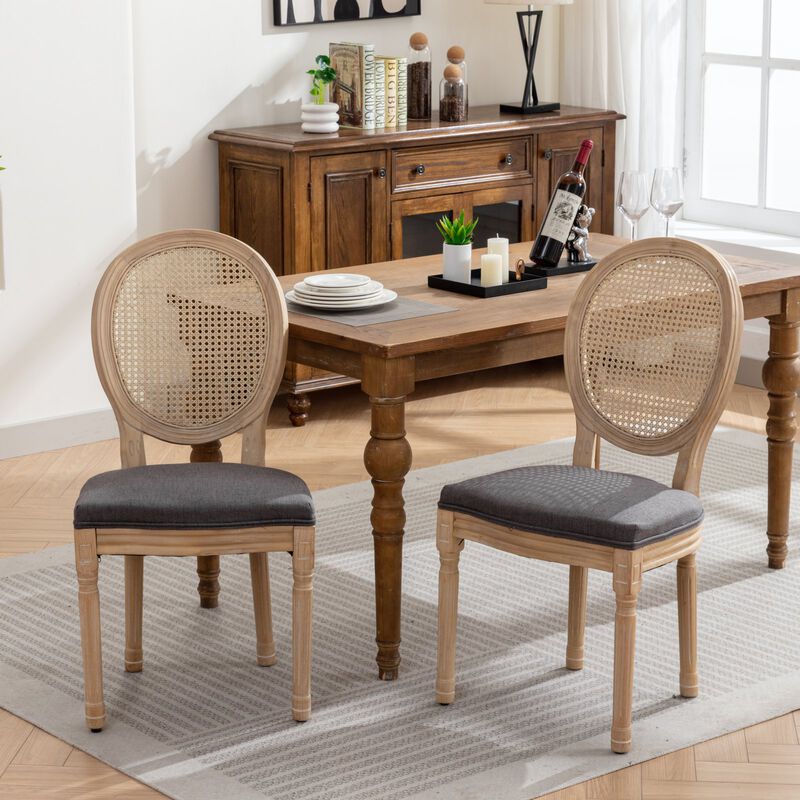 Whisen French Style Dining Chair, Solid Rubberwood Frame with Linen Upholstery and Rattan Back, Set of 2 for Living Room Kitchen image number 5