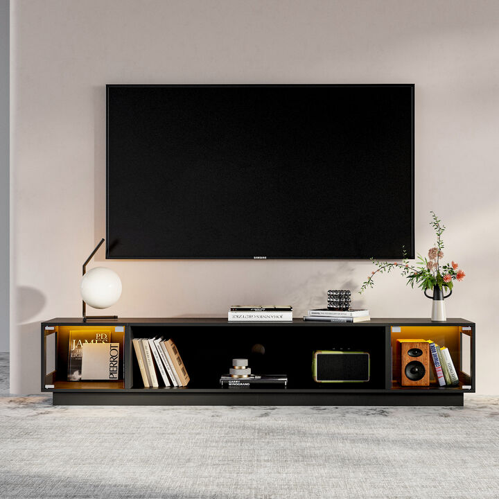 FUFU&GAGA Black Contemporary TV Console with LED Lighting (Color Adjustable), 2 Glass Door Cabinets & Open Center Shelf, Tempered Glass & Eco-Friendly Panels, (78.5 in. W x 15.7 in. D x 15.2 in. H)