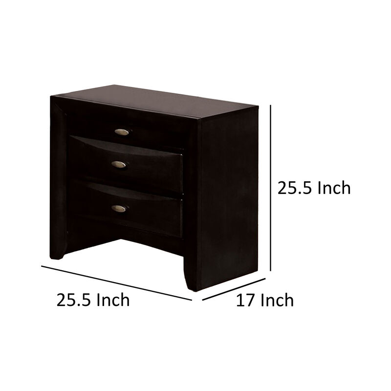 Simo Nightstand, Spacious Top, Metal Knobs, 3 Drawers, Black Solid Wood - Benzara