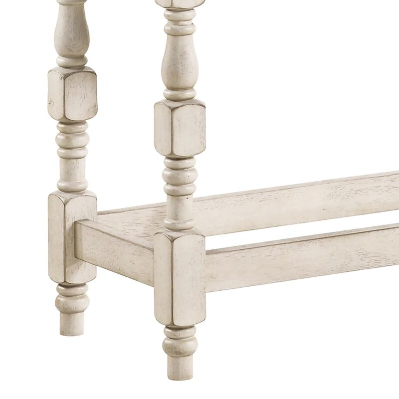 Swan 51 Inch Counter Height Bench, Gray Padded Seat, Ivory Turned Legs-Benzara