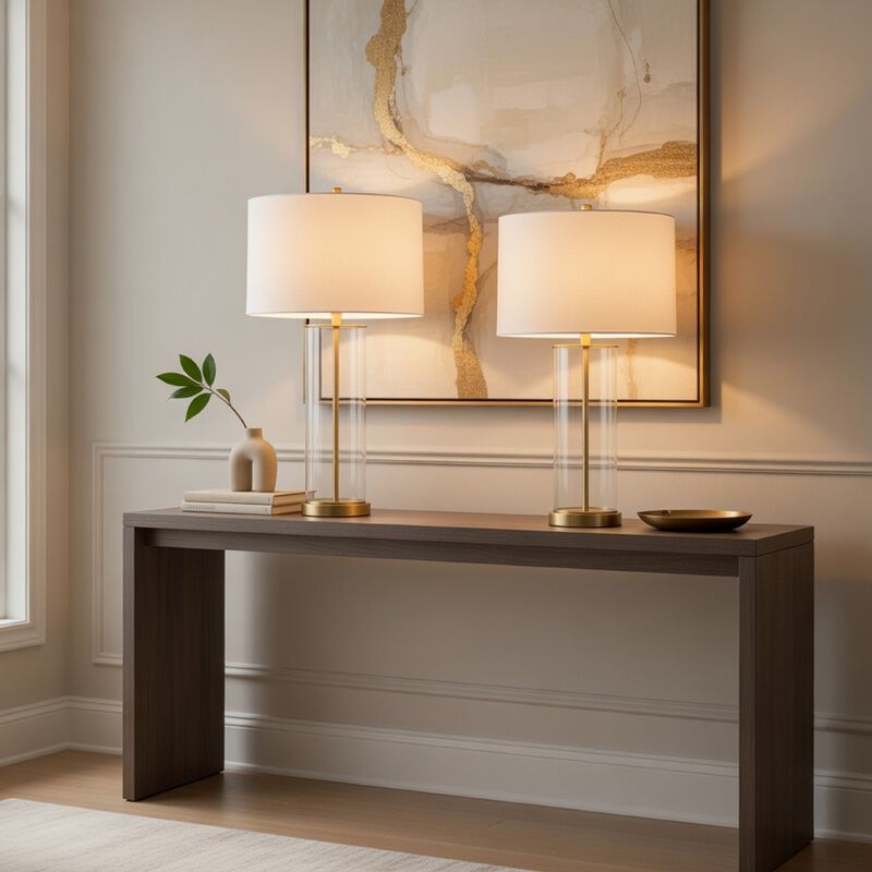 Table Lamp Set of 2, Off White Shade, Round Glass Base, Brass Accents image number 8