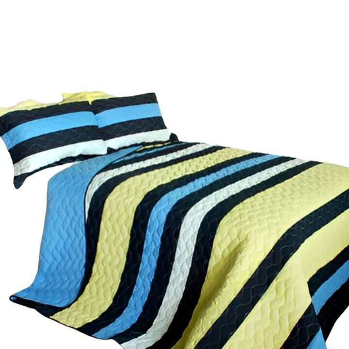 Lightweight 3 Piece Quilted Patchwork Bedding Set with Vermicelli Stitching-Blue