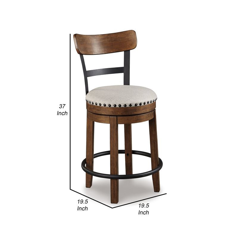 Zane 25 Inch Swivel Counter Height Stool, Round Cushioned Seat, Brown Wood - Benzara