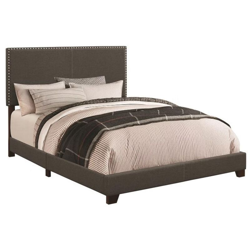 Fabric Upholstered Queen Size Platform Bed with Nail Head Trim, Charcoal Gray-Benzara image number 0