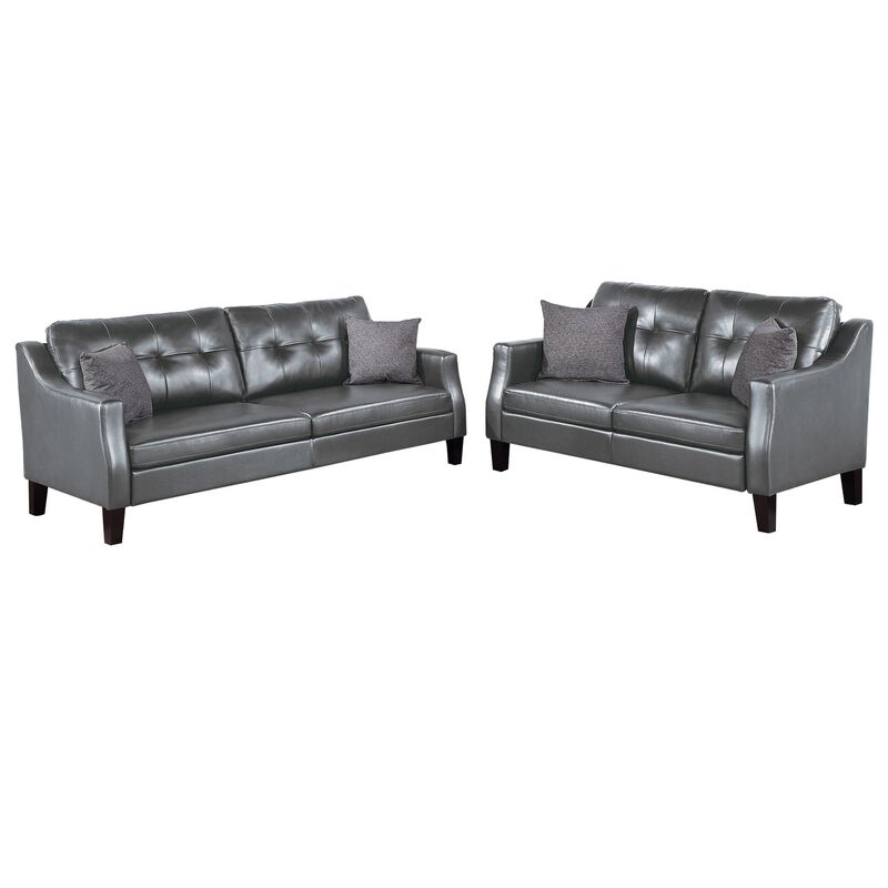 Hera 2 Piece Sofa and Loveseat Set, 4 Pillows, Classic Gray Faux Leather-Benzara image number 1