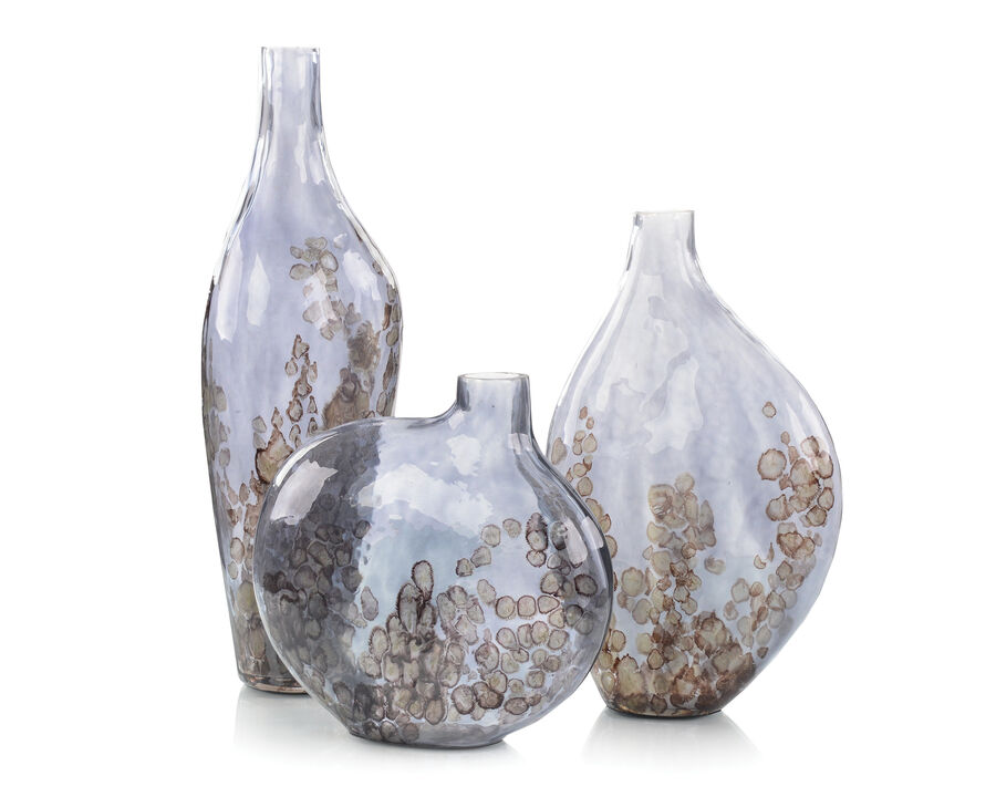Set Of Three Sky Grey Crackled Glass Vases