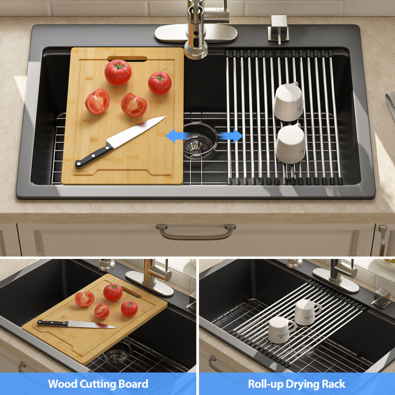 33x22x10 Inch Black Granite Composite Drop In Workstation kitchen Sink Single Bowl Quartz Kitchen Sink