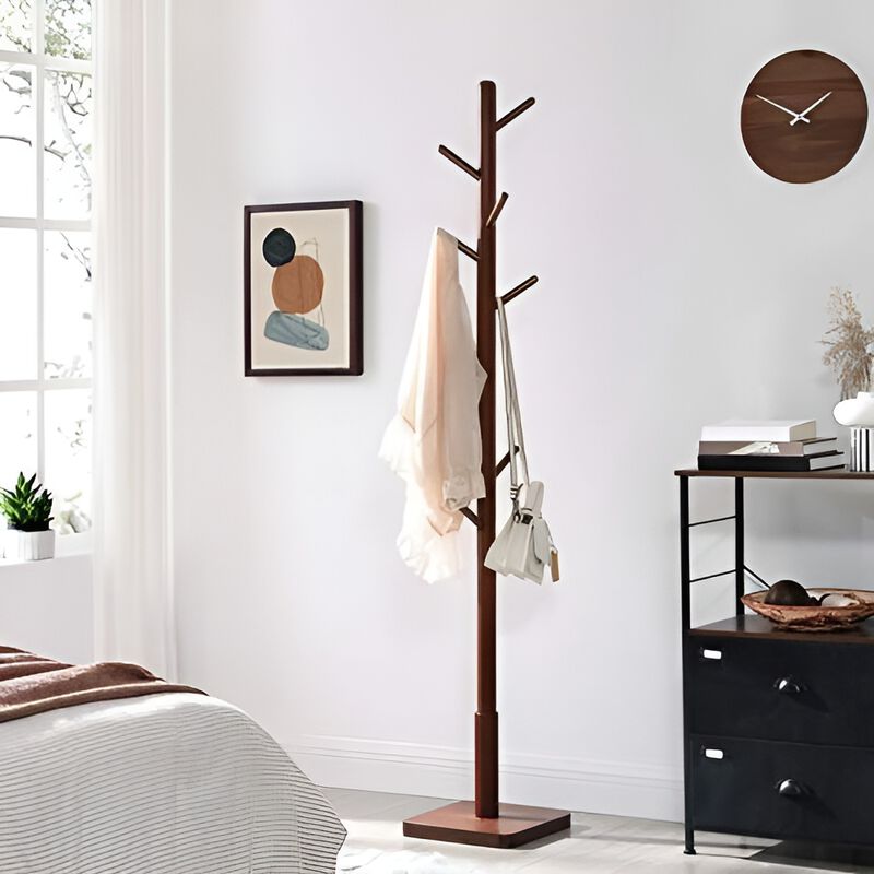 Mid-Century Modern Wood Coat Rack with Adjustable Height and Tripod Base