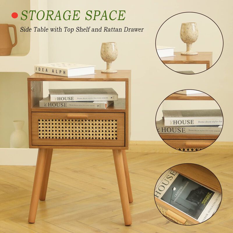 MaxSmeo Mid Century Modern Nightstand with Drawer, Small Nightstand Bedside Table, Brown Rattan Nightstand, Wood End Table for B
