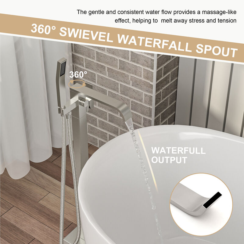 Brushed Nickel Free Standing Tub Faucet Floor Mounted Tub Filler Faucet Brass Bathroom Tub Faucets with Hand Shower